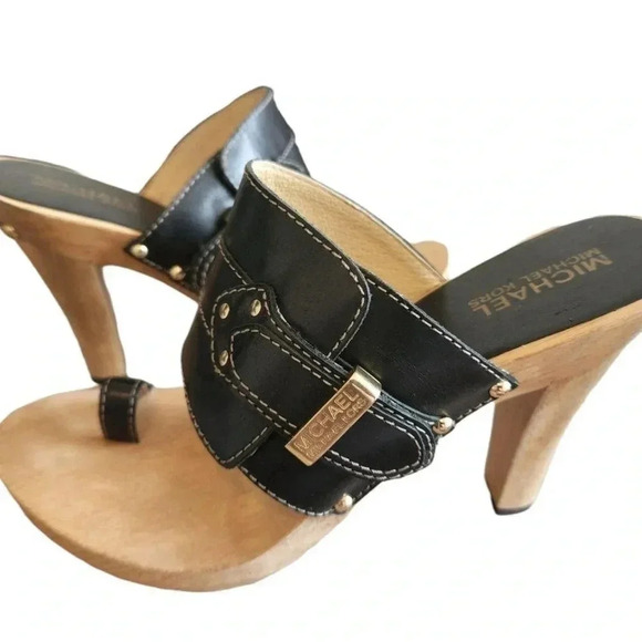 Michael Michael Kors black wooden gold buckle sandal size 8.5m - Picture 1 of 6